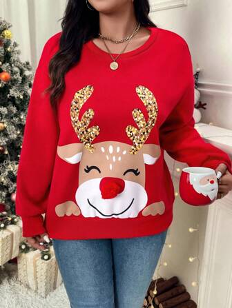 SHEIN VCAY Plus Size Christmas Cartoon Print Sweatshirt In Fall/Winter