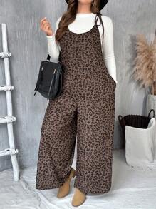 SHEIN VCAY Salopetă de vară cu buzunare cu imprimeu leopard de mărime mare pentru femei - Multicolor - Vizualizare 1