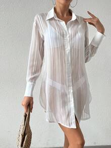 SHEIN Swim 条纹雪纺宽松长袖衬衫领设计度假女士罩衫夏季 - 白色 - 查看 2