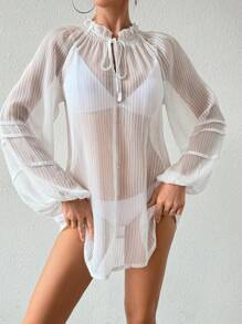 SHEIN Swim Women's Chiffon Striped Loose Long Sleeve Mid-Length Vacation Beach Coverup With Ruffle Collar Design Summer