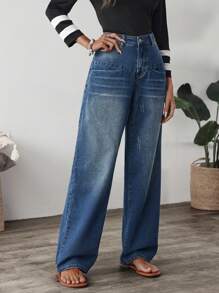 SHEIN LUNE Women Wide Leg Loose Casual All-Match Denim Jeans - Blue - View 1