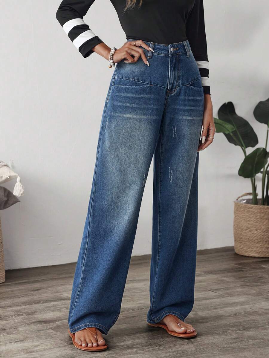 SHEIN LUNE Women Wide Leg Loose Casual All-Match Denim Jeans - Blue - View 1