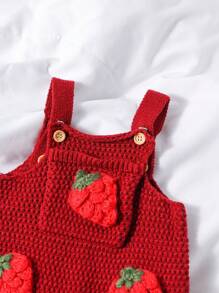 女婴宽肩带纽扣口袋休闲连体裤 - 酒紅色 - 查看 3