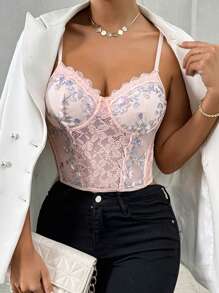 SHEIN X  Ignacia Antonia Zolique 女士可爱粉色鱼骨花边刺绣面料蒙太奇吊带背心上衣 - 彩色 - 查看 1