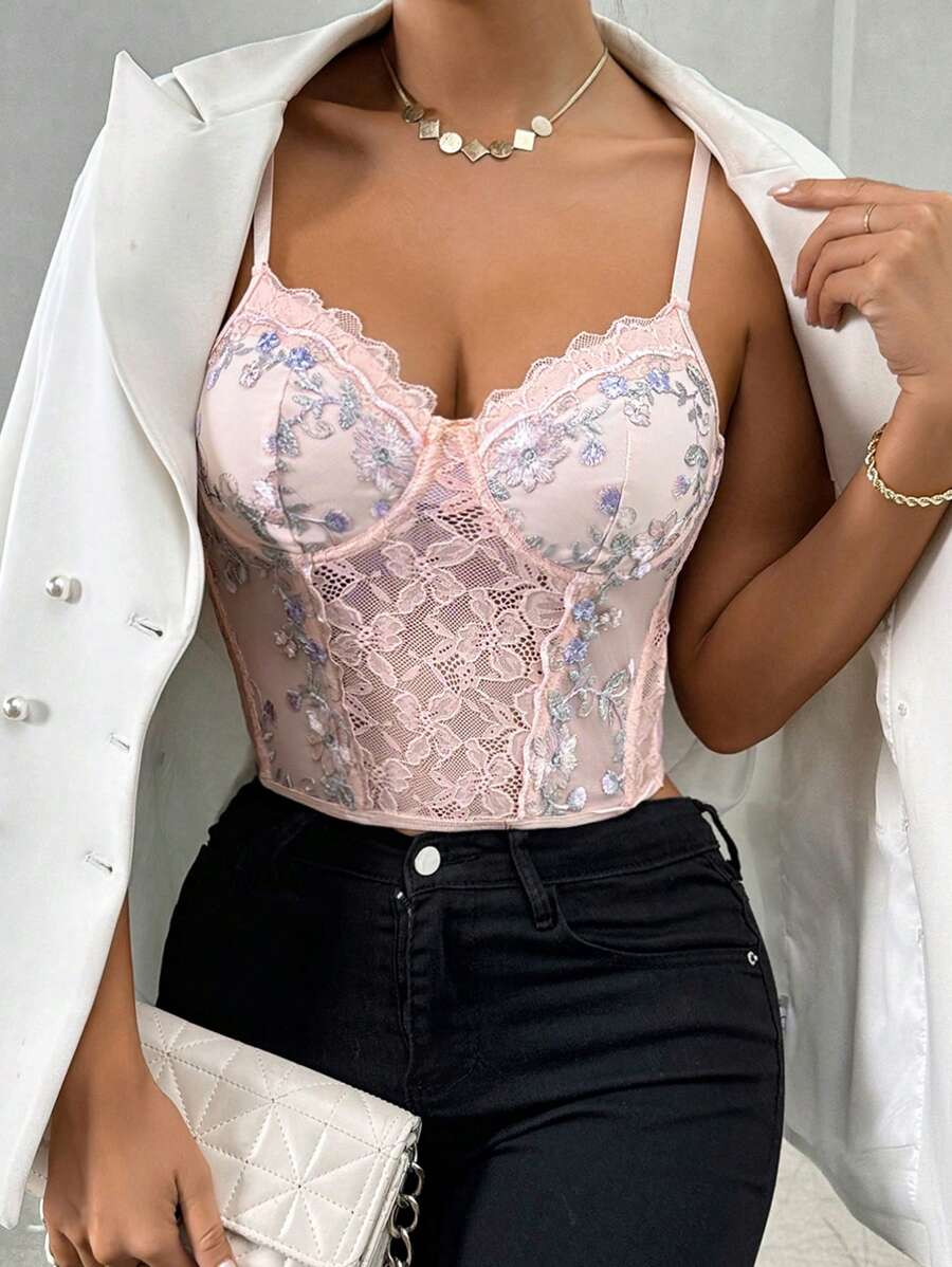 SHEIN X  Ignacia Antonia Zolique 女士可爱粉色鱼骨花边刺绣面料蒙太奇吊带背心上衣 - 彩色 - 查看 1