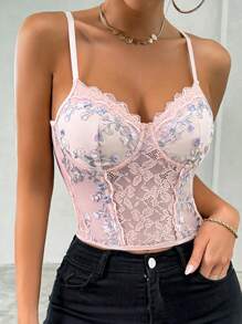 SHEIN X  Ignacia Antonia Zolique 女士可爱粉色鱼骨花边刺绣面料蒙太奇吊带背心上衣 - 彩色 - 查看 6