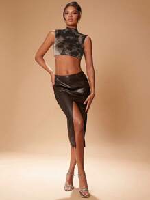 Hauture Open Back Tie Dye Print Flocking Top , Backless Top - Coffee Brown - View 5