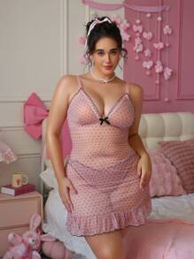 PetitDoll Vestido camisero sexy con volantes, lunares y pantis de tanga, lencería de talla grande