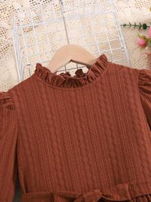 Tween Girl Casual Solid Color Frill Collar Long Sleeve Cinched Waist Fall Dress