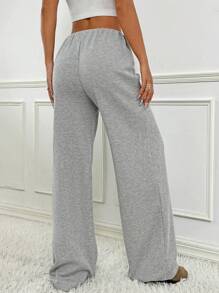 SHEIN EZwear Pantalones casuales rectos con cordón para mujer, ropa de calle de unicolor simple - Gris - Ver 2