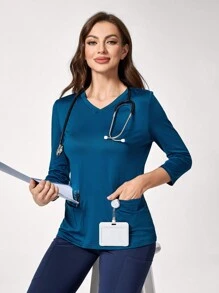TaskEZ Simple V-Neck Long Sleeve Pocket Scrub Uniform Top