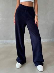 EURMUSE Women Solid Color Wide Leg Pants - Navy Blue - View 3