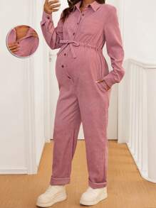 SHEIN 孕妇纯色单排扣长袖口袋休闲连体裤，春夏，孕妇装 - 粉色 - 查看 3