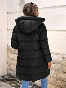 EURMUSE Flap Pocket Drawstring Waist Hooded Puffer Coat