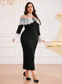 Modelyn Đầm dạ hội dài tay loe hở vai ren tương phản cỡ lớn cho nữ - Đen và trắng - Xem 7