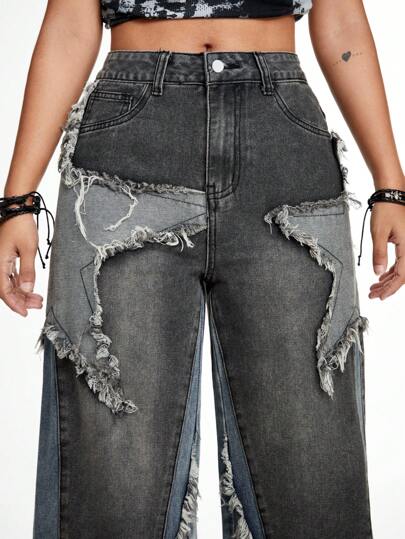 Grunge Punk Jeans de mezclilla vintage lavados de mujer con parches y bloques de color, bordados con estrellas
