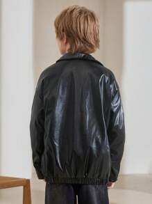 SHEIN 兒童/青少年男童休閒PU騎士風格夾克，細軟面料，翻領設計，開放式前襟，長袖款式 - 黑色 - 查看 2