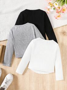SHEIN LMoss Kids LMoss Young Girl 年轻女孩 3 件套不对称下摆长袖 T 恤基本款上衣休闲秋冬装 - 彩色 - 查看 5