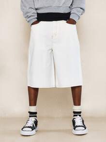 SUMWON 对比色缝线水洗牛仔短裤 - 白色 - 查看 1