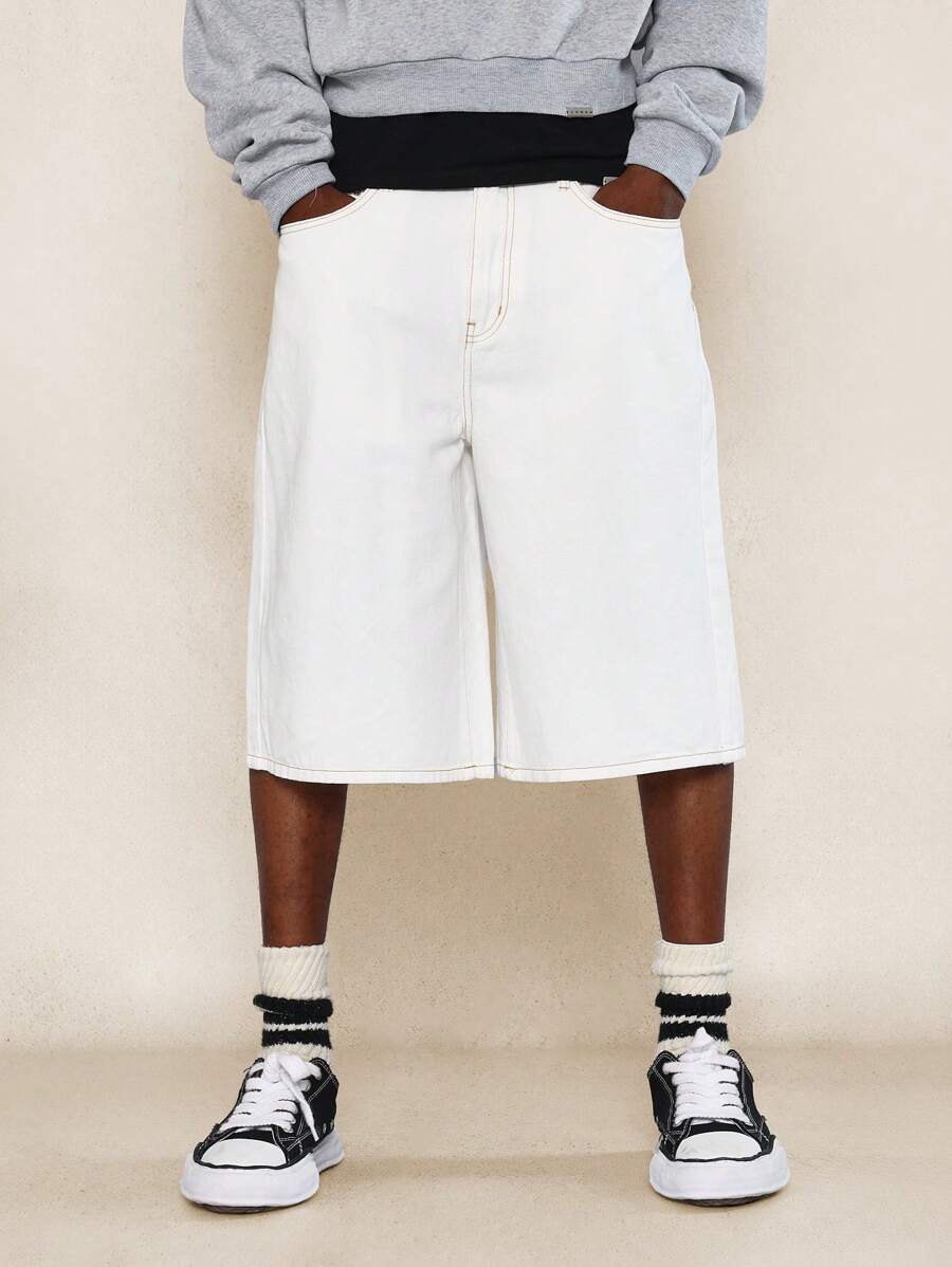 SUMWON 对比色缝线水洗牛仔短裤 - 白色 - 查看 1