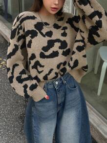 DAZY 女式宽松圆领豹纹毛衣、长袖上衣、秋装 - 彩色 - 查看 3