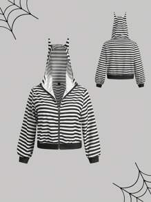 SHEIN MOD Große Größen Jacke mit Kapuze und Katzenohren, schwarz-weiß gestreift - Schwarz und Weiss - Übersicht 1