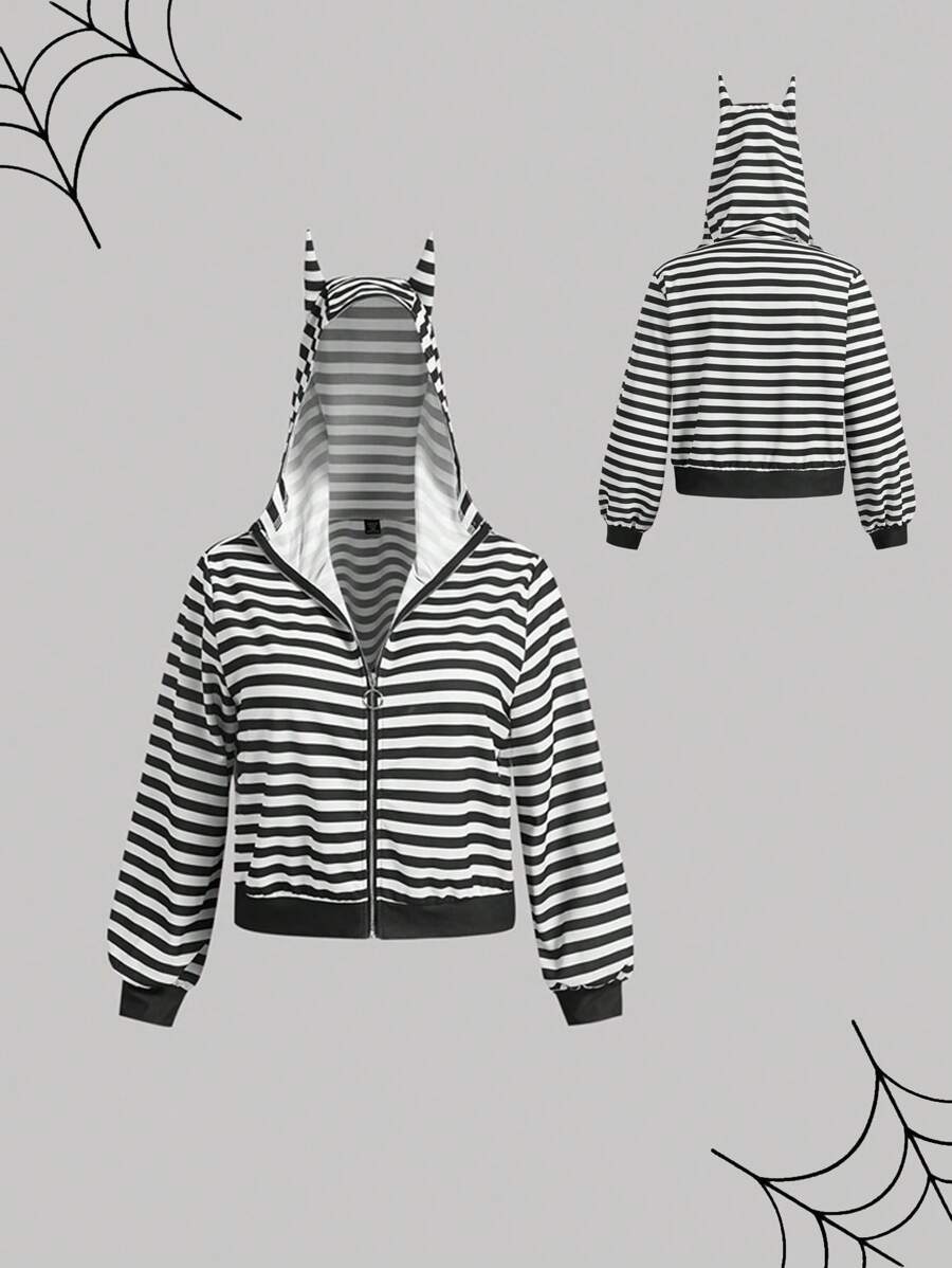 SHEIN MOD Große Größen Jacke mit Kapuze und Katzenohren, schwarz-weiß gestreift - Schwarz und Weiss - Übersicht 1