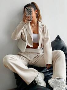 Flirla Women's Casual Solid Color Jacket And Pants Suit, Spring And Autumn Fall Cloth For Women - Apricot - View 7