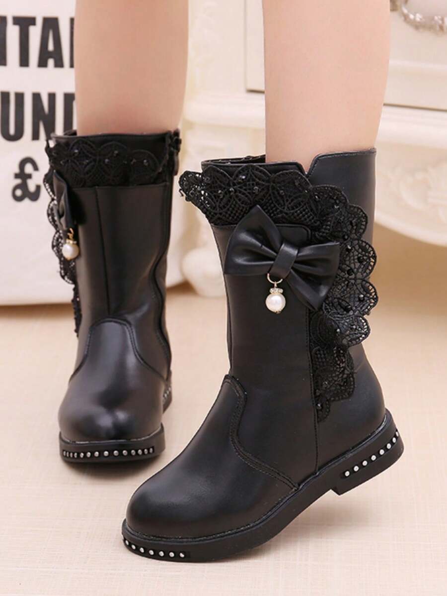 女童过膝靴2023新款可爱蝴蝶结设计保暖内衬儿童长靴幼儿和小女孩雪地靴 - 黑色 - 查看 1