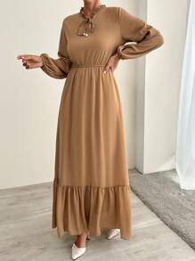 SHEIN Cottnline Necklace Detailed Frill Round Neck Belted Lantern Sleeve Textured Fabric Long Dress - Beige - View 4