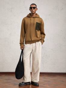 AKNOTIC Business Casual 男士宽松针织拼色套头连帽运动衫，适合秋冬季，休闲棕色格子口袋 - 棕色 - 查看 4