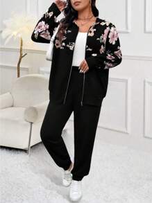 EMERY ROSE Taglia comoda Donna 2 pezzi/Set, giacca con cappuccio con chiusura lampo e stampa floreale a maniche lunghe, pantaloni con polsini elasticizzati, autunno/inverno