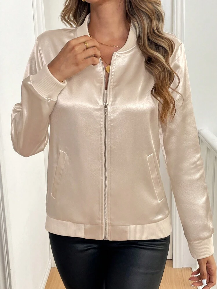 Sheller シェリエ　Lady Zip Satin Blouson SHEIN Clasi Women Satin Bomber Jacket With Zipper, Casual Sports