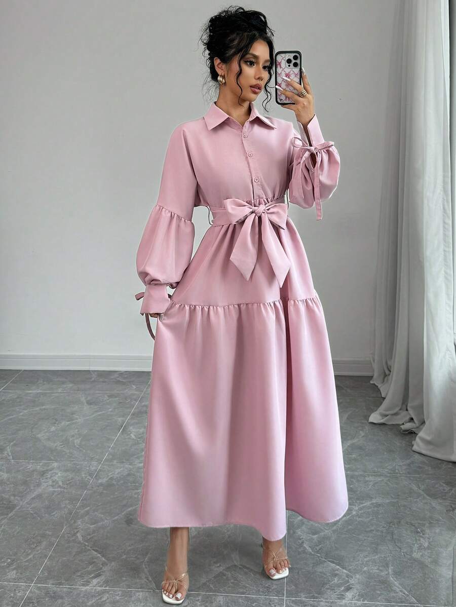 Selianne Đầm thời trang giản dị thanh lịch cho nữ tay phồng ve áo nơ thắt eo thắt lưng màu trơn - Hồng - Xem 1