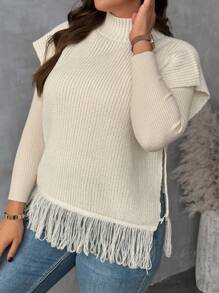 SHEIN LUNE Plus Size Women Stand Collar Loose Fringe Hem Knit Sweater Vest, Autumn/Winter, Country Western Style