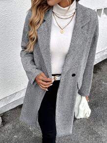 SHEIN LUNE 女士休闲宽松条纹翻领落肩长袖双排扣长款西装外套，春秋季