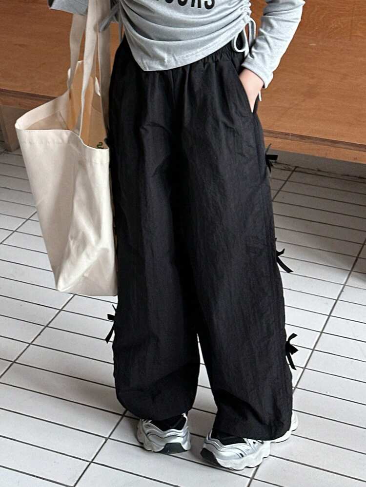 Tween Girl Solid Color Bow Decor Pocket Simple Casual Pants