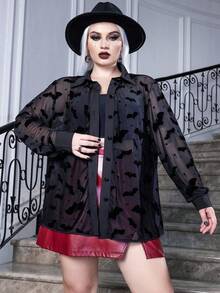 Flirla 大码女式蝙蝠印花网眼长袖休闲万圣节衬衫 - 黑色 - 查看 6