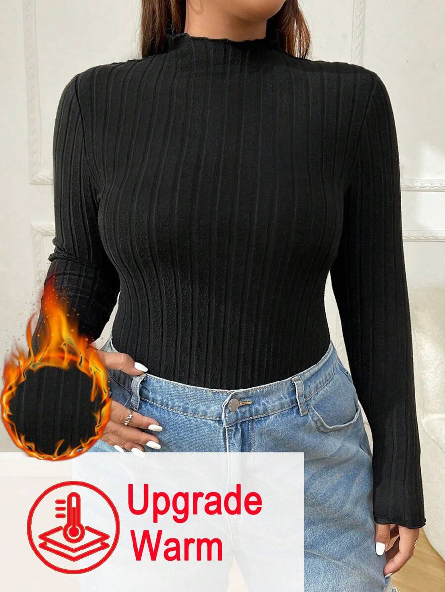 SHEIN EZwear 大码女式立领罗纹针织紧身长袖 T 恤，保暖，适合秋冬季