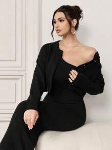 Modelyn 2pcs Women's Solid Color Front Button Shirt And Asymmetric Sleeveless Dress Set 2 Pieces Set - Black - View 5