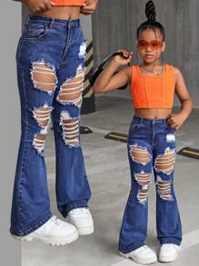 SHEIN Tween Girl Y2K Solid Washed Ripped Flared Denim Jeans, Girls Fall Clothes Back To School Streetwear Outfits - Medium Wash - View 1