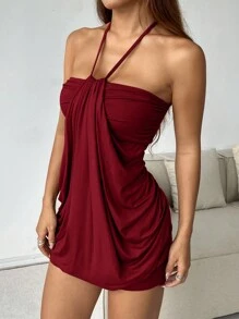 SHEIN EZwear Cowl Neck Back Draped Bodycon Mini Dress - Burgundy - View 3