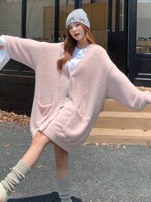 DAZY 女式 V 领长袖超大休闲开衫、七分袖上衣夹克秋冬 - 粉色 - 查看 2