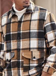 Manfinity Homme Chaqueta informal de manga larga con bolsillo y botones delanteros a cuadros para hombres de talla grande