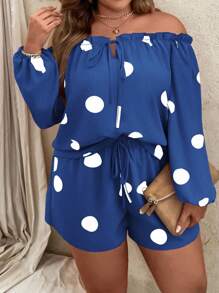 SHEIN LUNE 大码度假休闲波尔卡圆点印花露肩衬衫和短裤 2 件套 - 寶藍色 - 查看 3