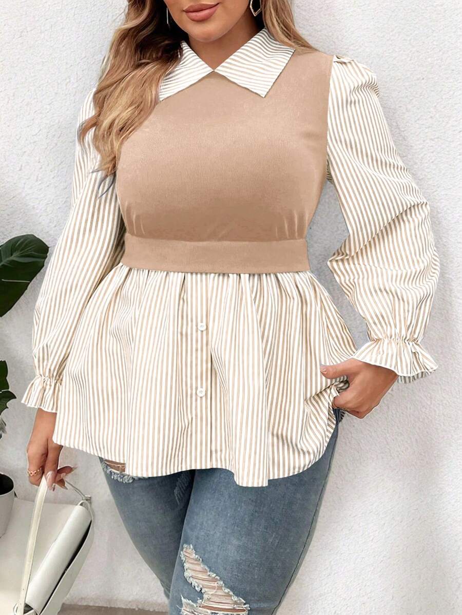 Nubod Plus Size Women Casual Patchwork Striped Mock 2 Pieces Top For Spring And Autumn Fall Cloth For Women - Khaki - View 1