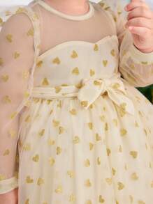 SHEIN 女婴可爱优雅心形亮片网眼长袖系带连衣裙，适合圣诞节