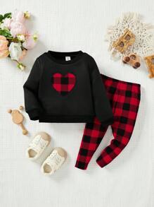 SHEIN Leap Crew 2pcs Baby Girls' Cute Plaid Heart Pattern Fleece Sweatshirt And Pants Christmas Set - Black - View 1