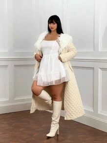 Flirla 大码冬装欧洲优雅大领长款冬装女士棉衣 - 杏色 - 查看 5