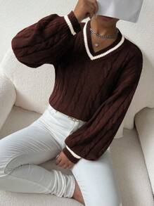 Chiquease Suéter tejido sencillo de cuello en V con bloques de color, manga larga, para uso casual diario, Top de manga larga